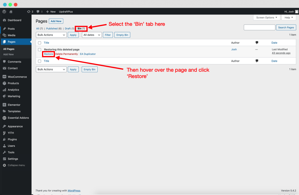 Restoring a deleted page in WordPress