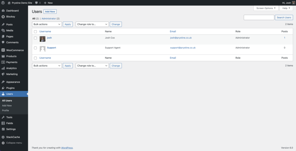 Users page in the WordPress admin panel