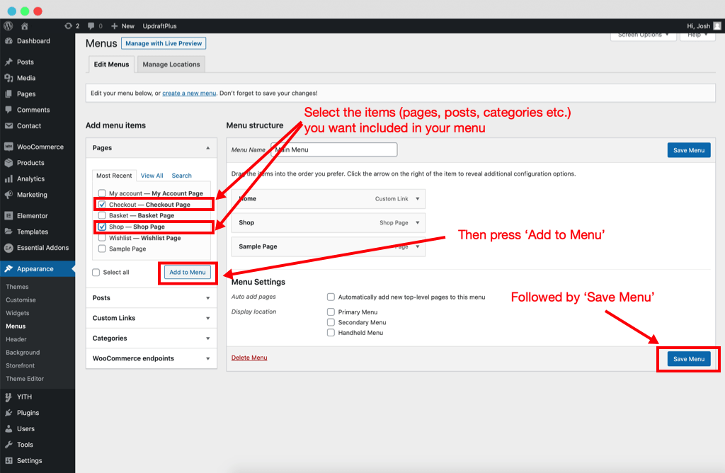 Adding menu items in WordPress