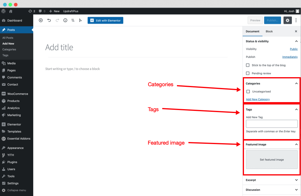 WordPress categories, tags and featured image highlighted