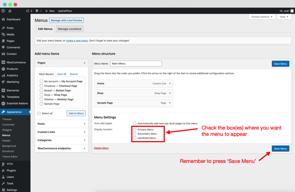 Assigning a menu in WordPress