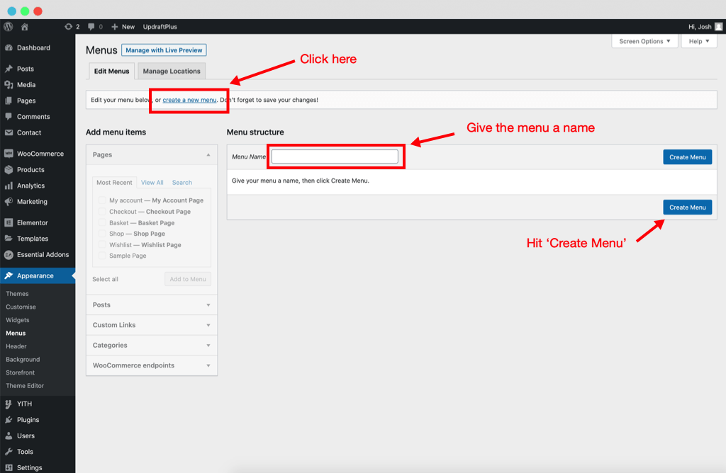 Creating a new menu in WordPress