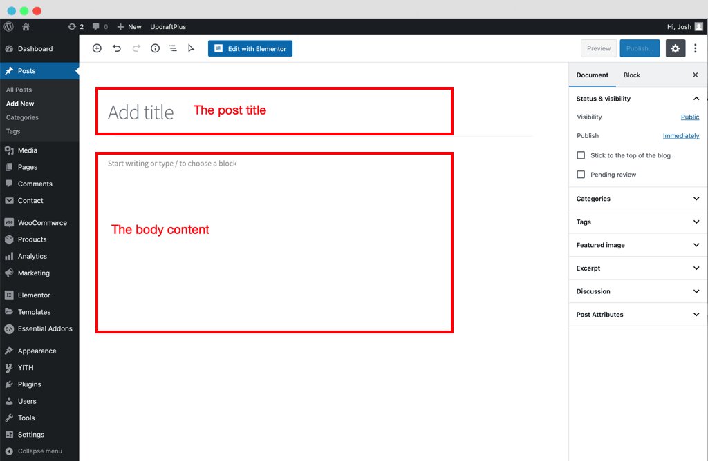WordPress post title and body content highlighted