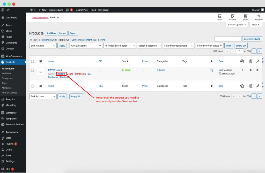Restoring a deleted or 'Binned' product