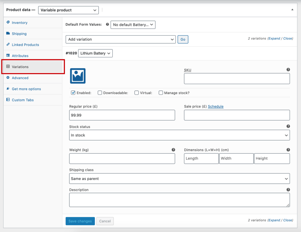 The variations tab with variation data on show