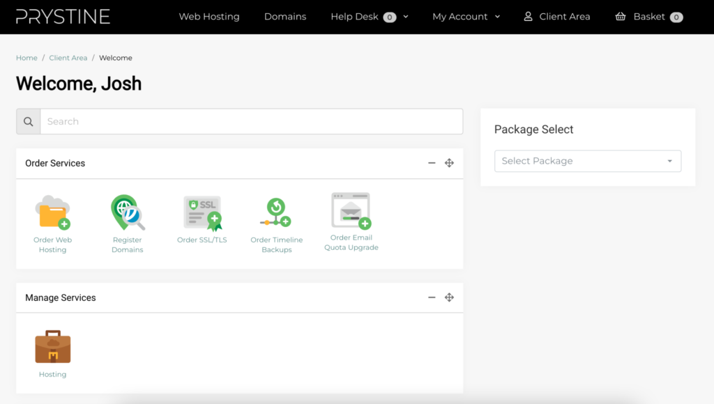 Control panel client area screenshot (logged in)