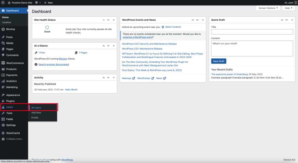 Navigating to 'Users'