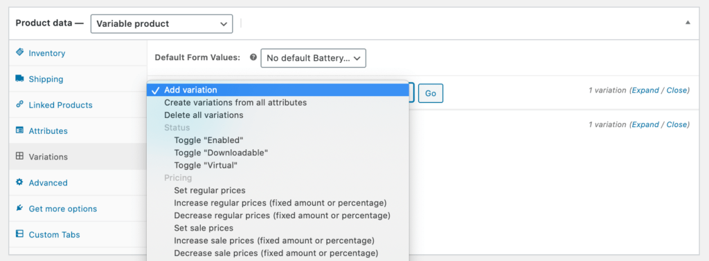 Adding a variation or create variations from all attributes