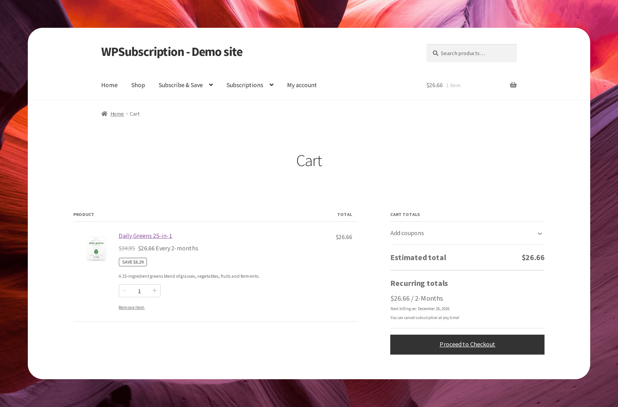 Screenshot of the WooCommerce cart with a subscription line showing the discounted price, the billing period, the saving and the recurring totals