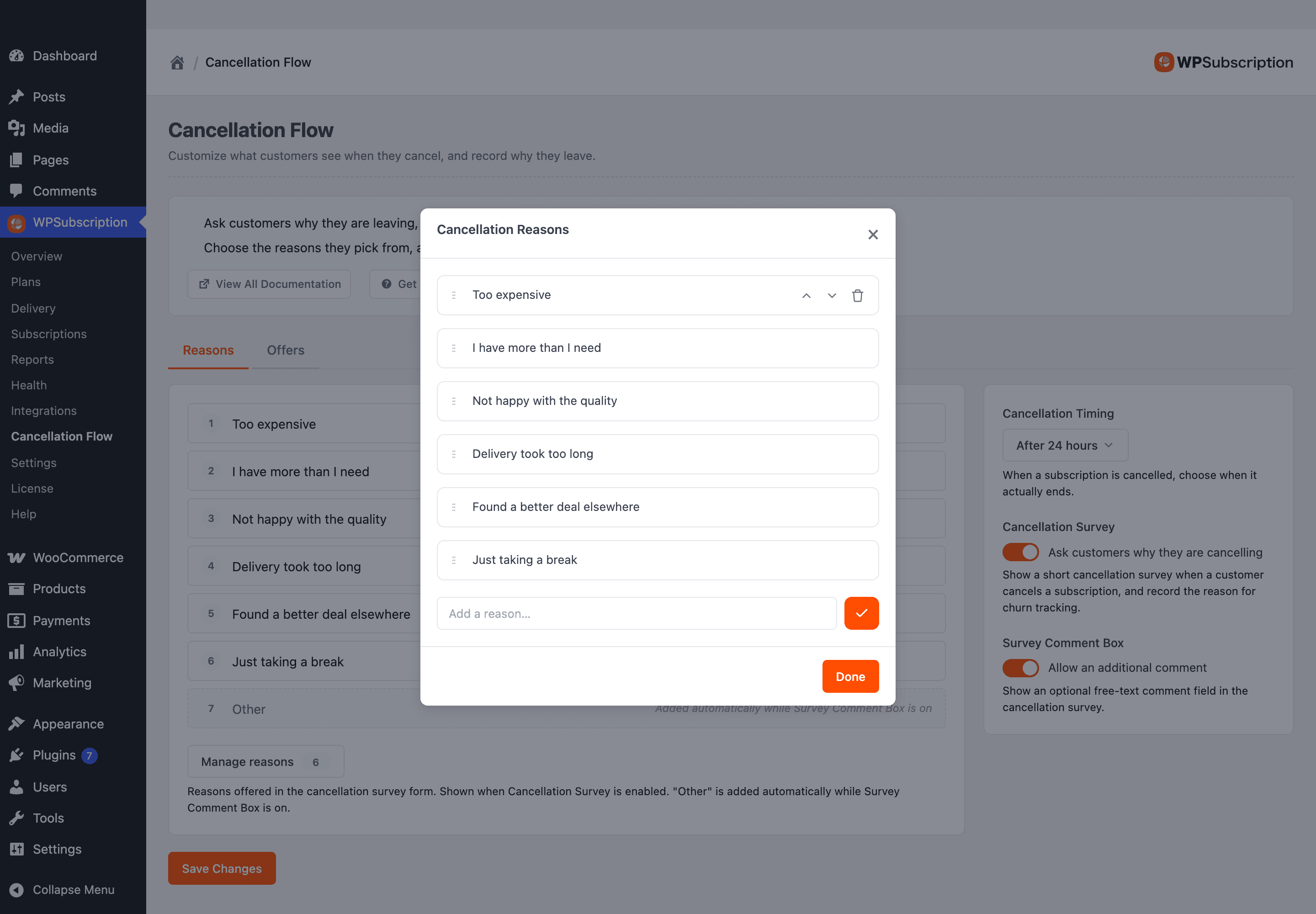 Screenshot of the Manage reasons editor listing each cancellation reason with reorder and remove controls