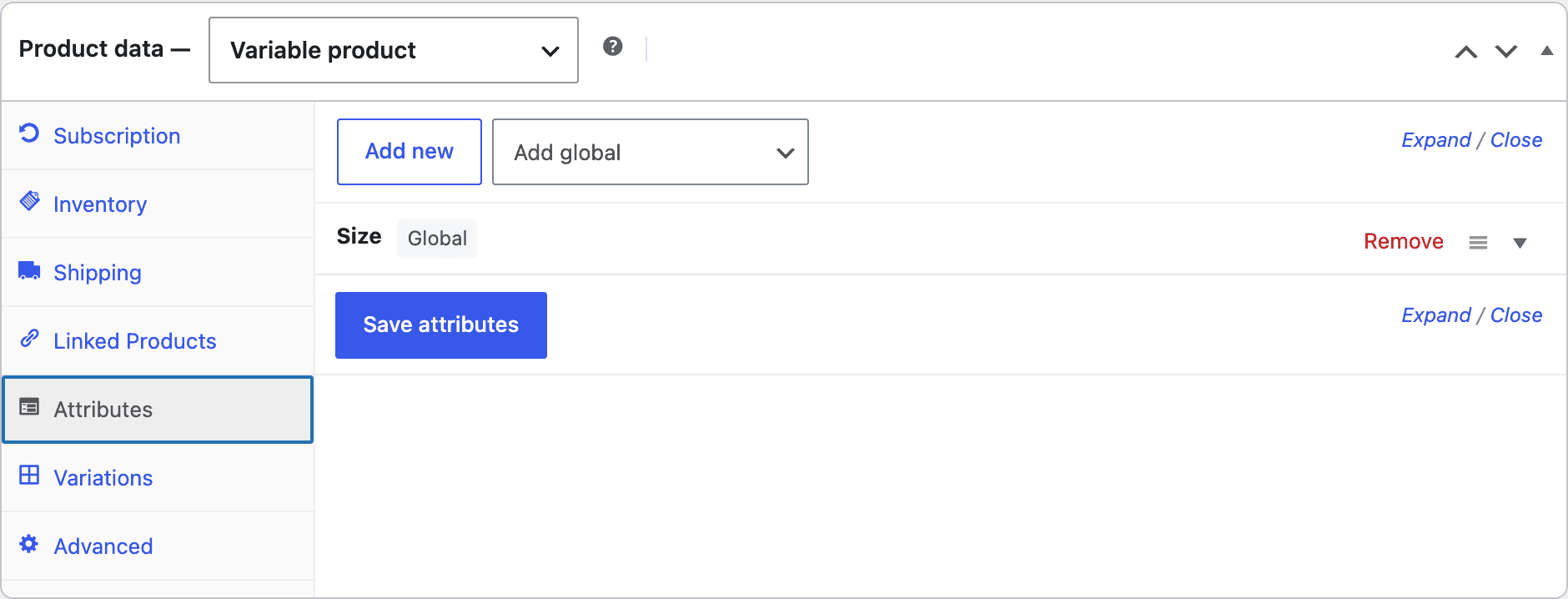 Screenshot of the WooCommerce Attributes tab with an attribute configured and marked for use in variations