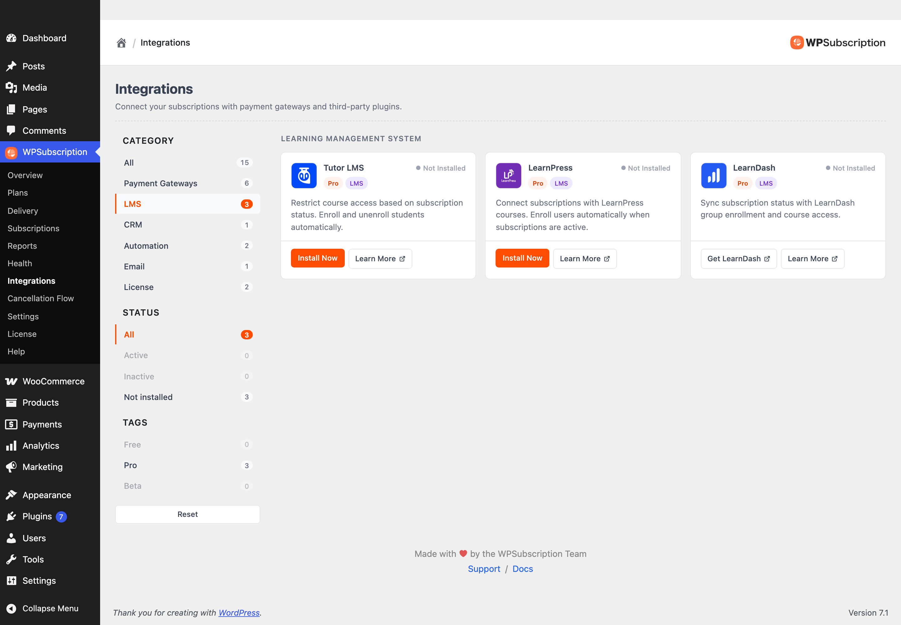 Screenshot of the Integrations screen filtered to the Learning Management System category