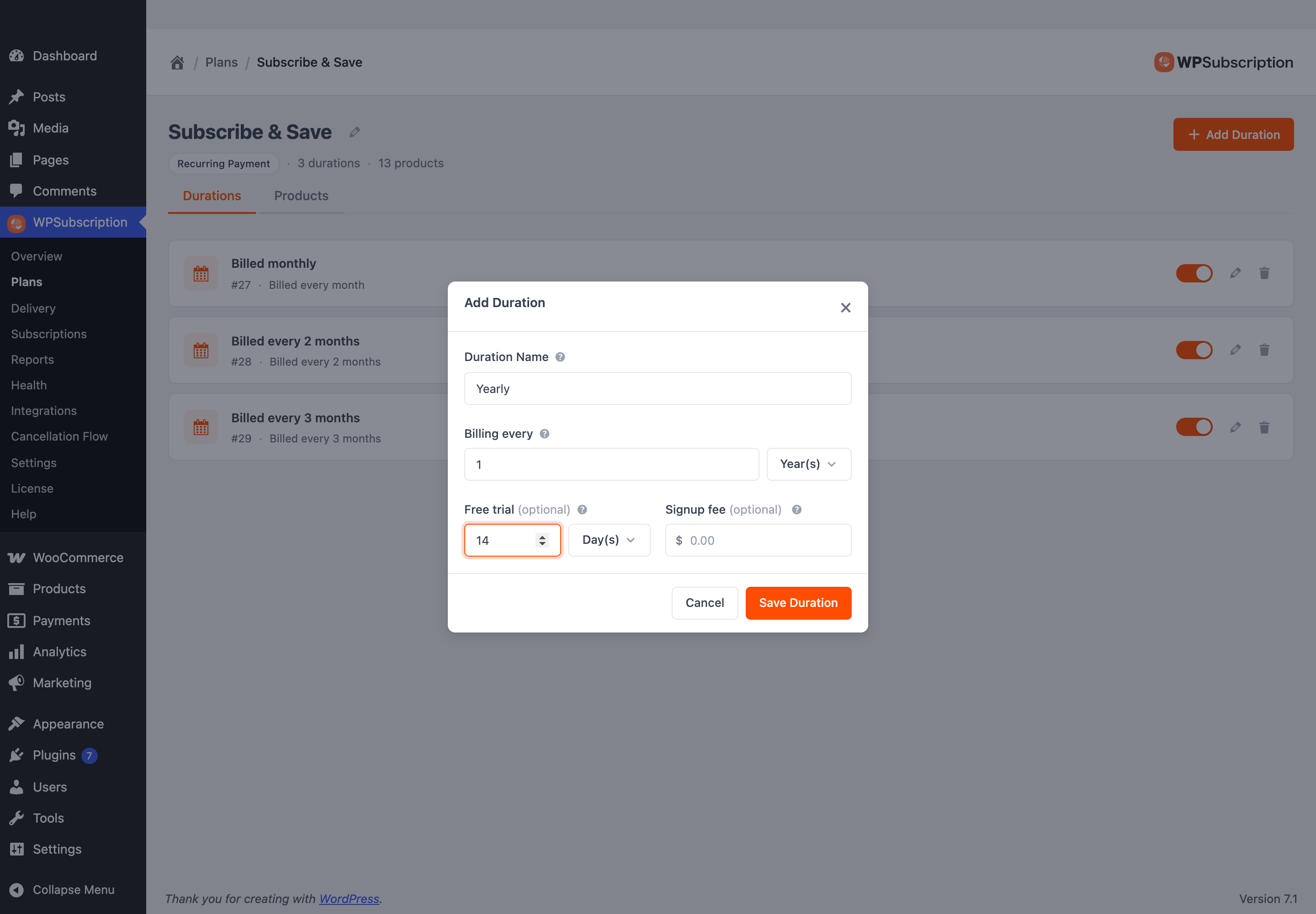 Screenshot of the Add Duration dialog filled in with the name Yearly, billed every 1 year and a 14 day free trial
