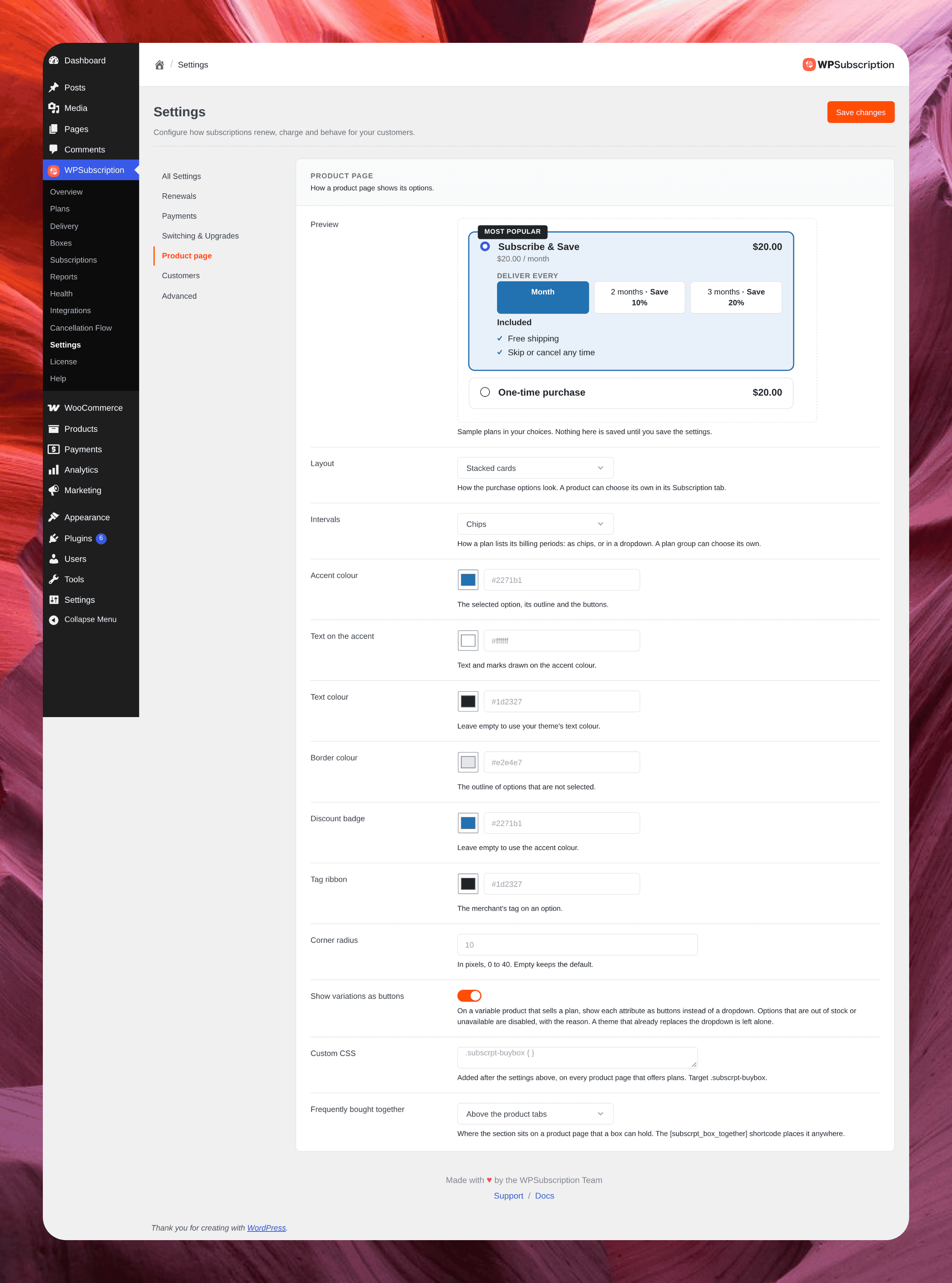 Screenshot of Settings, Product page, with a live preview, layout, intervals, colours, corner radius, variation buttons and custom CSS