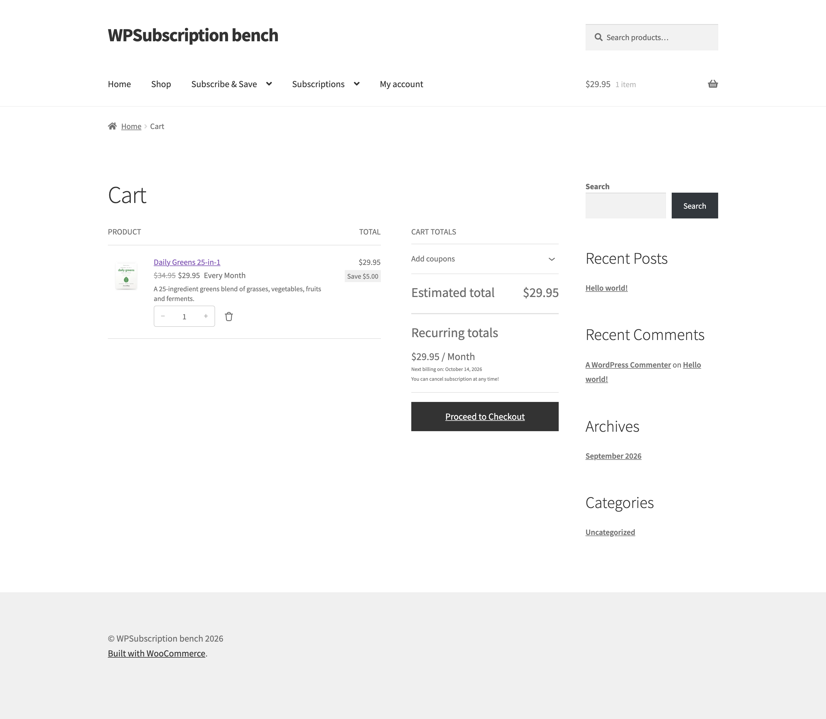 Screenshot of the WooCommerce cart with a subscription line showing the discounted price, the billing period, the saving and the recurring totals