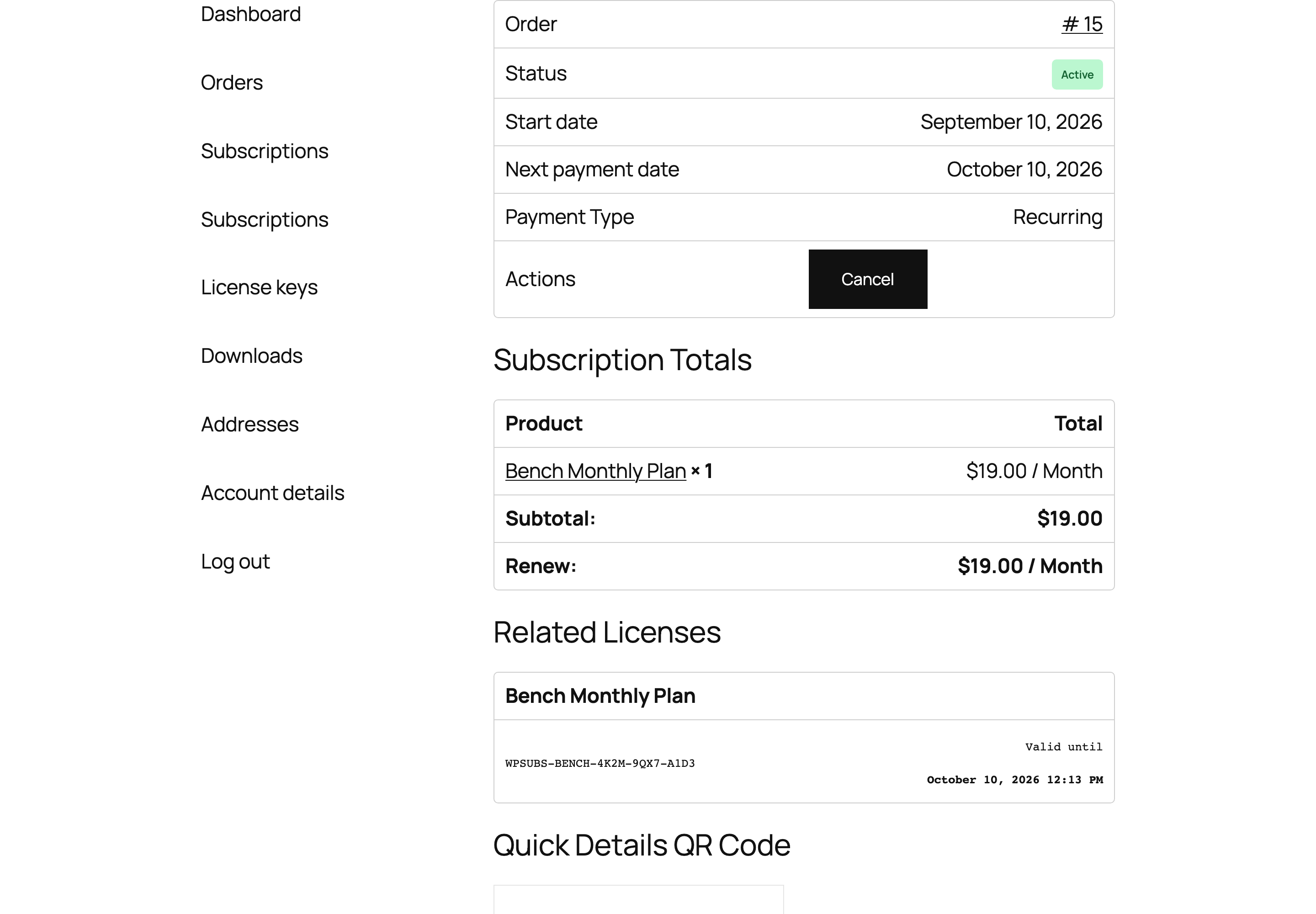 Screenshot of the Related Licenses table on the customer-facing subscription details page, showing a licence key and its valid-until date