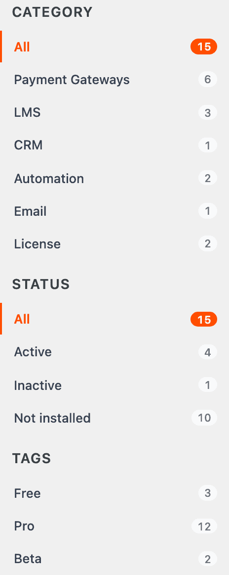 Screenshot of the integrations filter rail showing Category, Status and Tags groups with counts beside each option