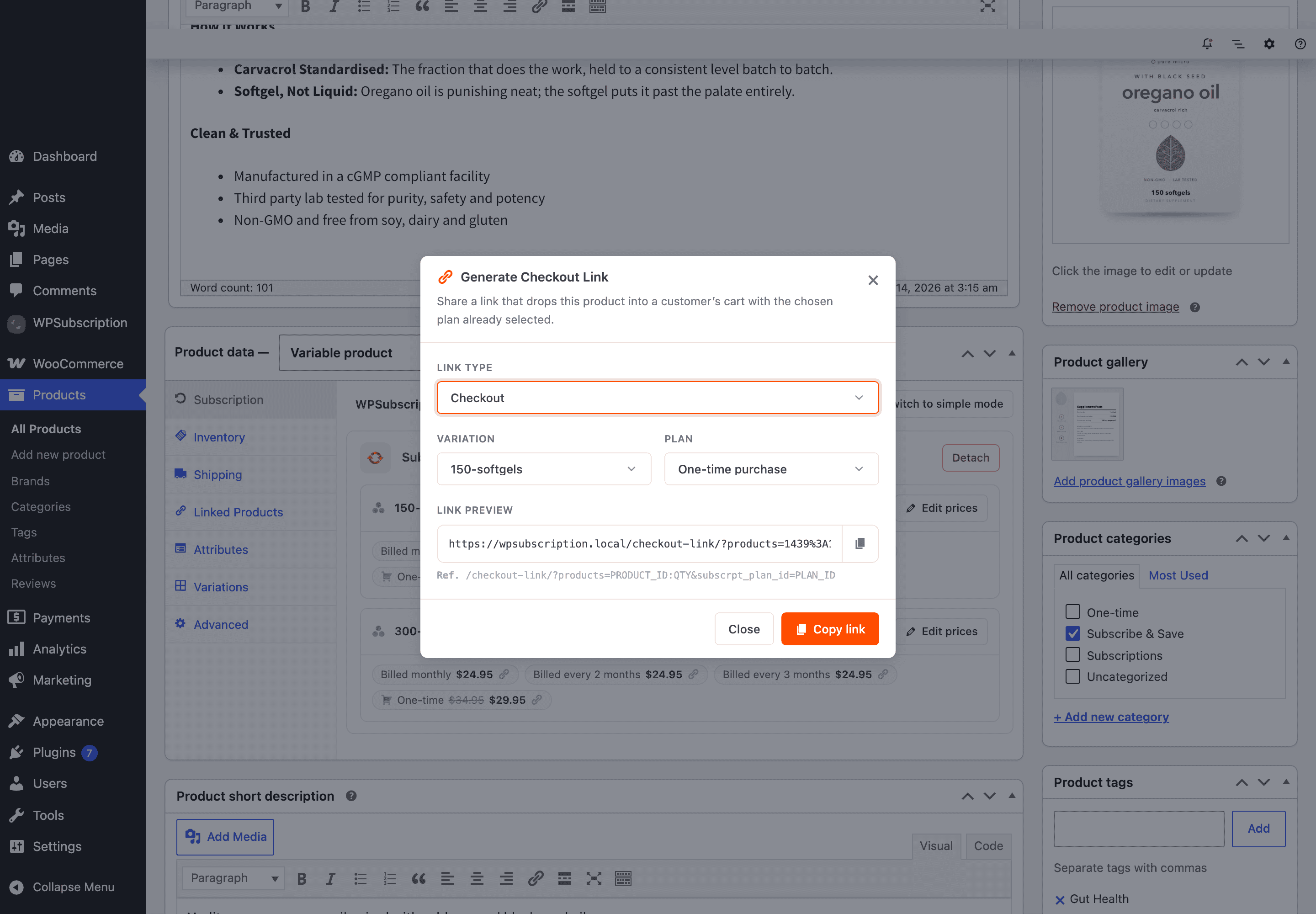 Screenshot of the Generate Checkout Link dialog on a variable product, showing a Variation field beside the Plan field