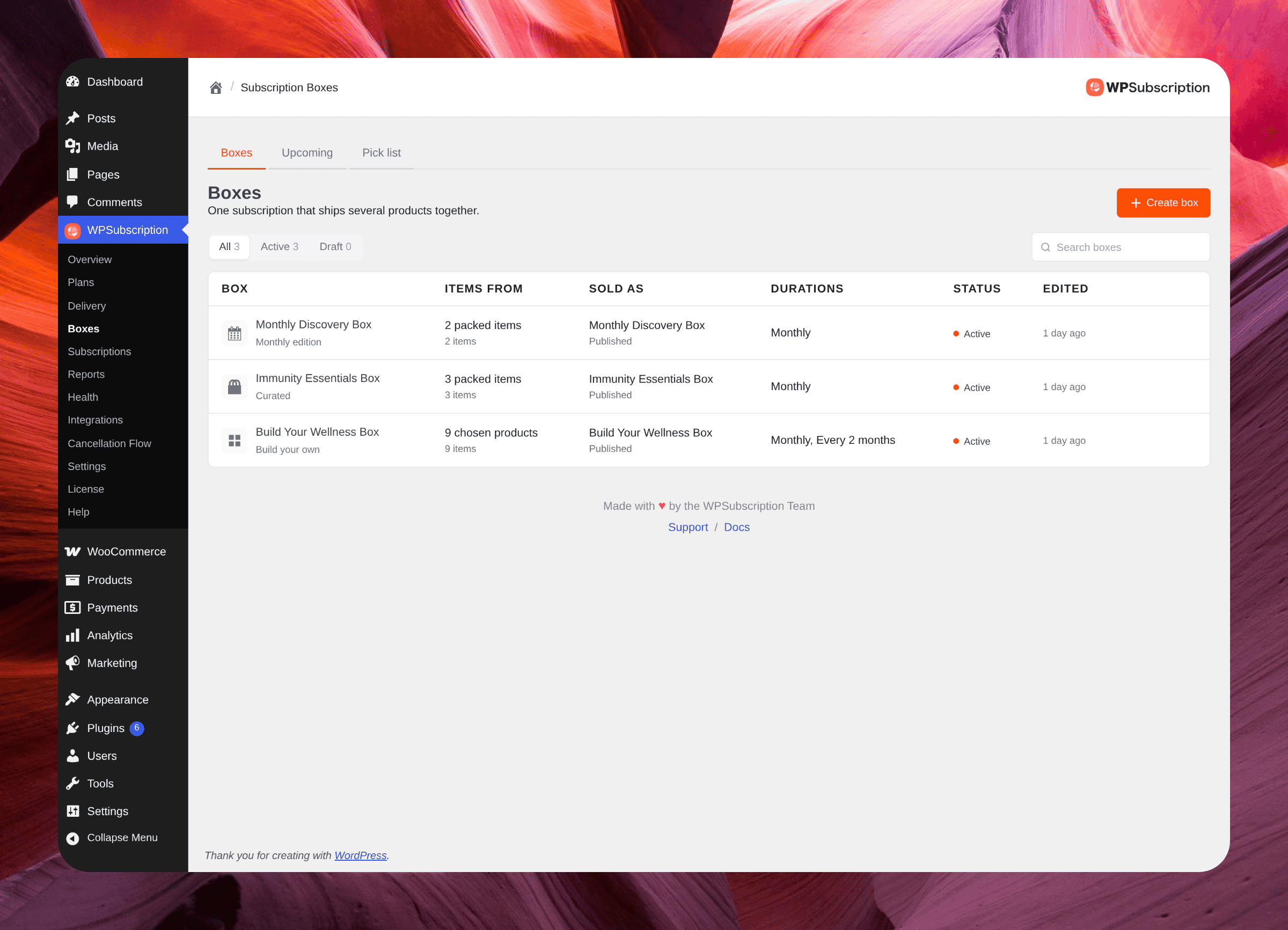 Screenshot of the Boxes list showing a monthly edition box, a curated box and a build-your-own box, all active
