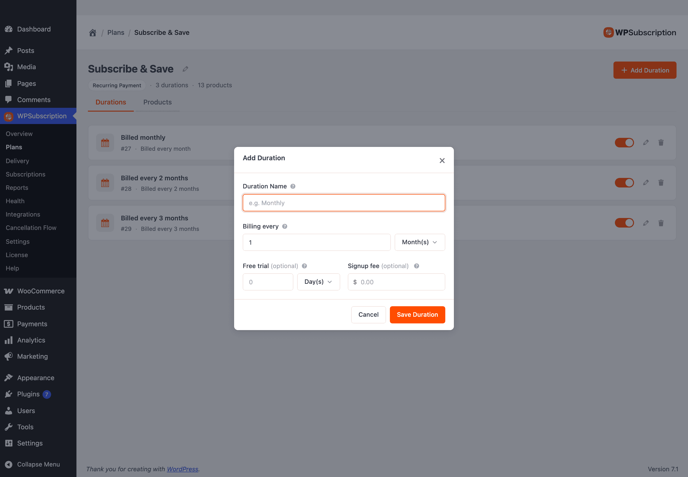 Screenshot of the empty Add Duration dialog with Duration Name, Billing every, Free trial and Signup fee fields