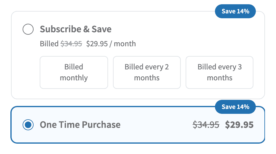 Screenshot of the selector with the One Time Purchase card selected instead of the subscription