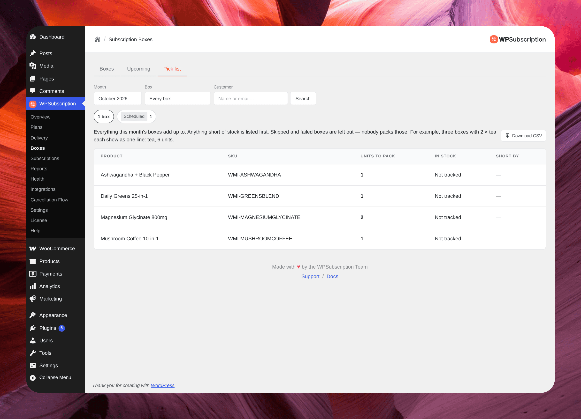 Screenshot of the Pick list tab showing each product, its SKU, units to pack and stock
