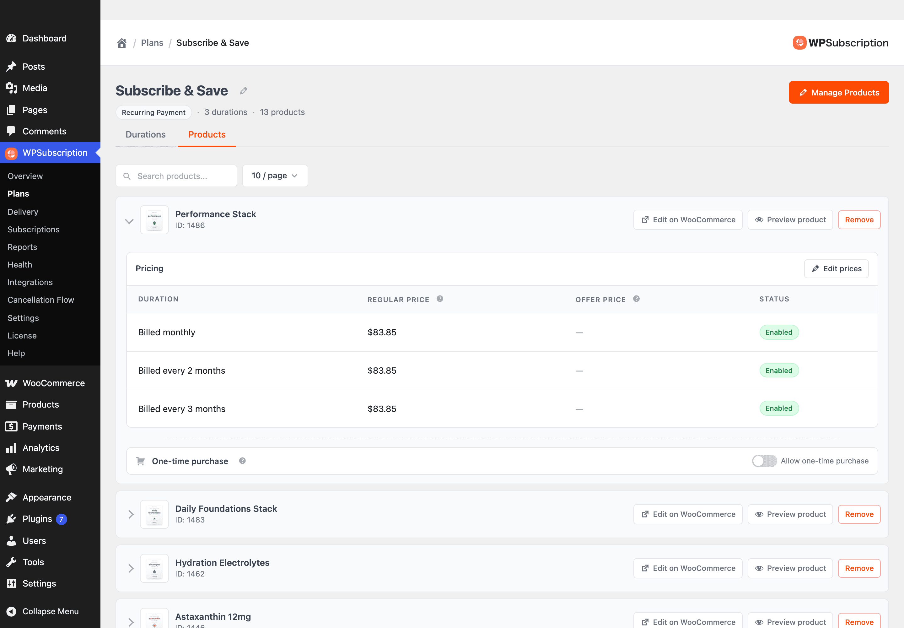 Screenshot of a plan's Products tab listing connected products, the first expanded to show its pricing table