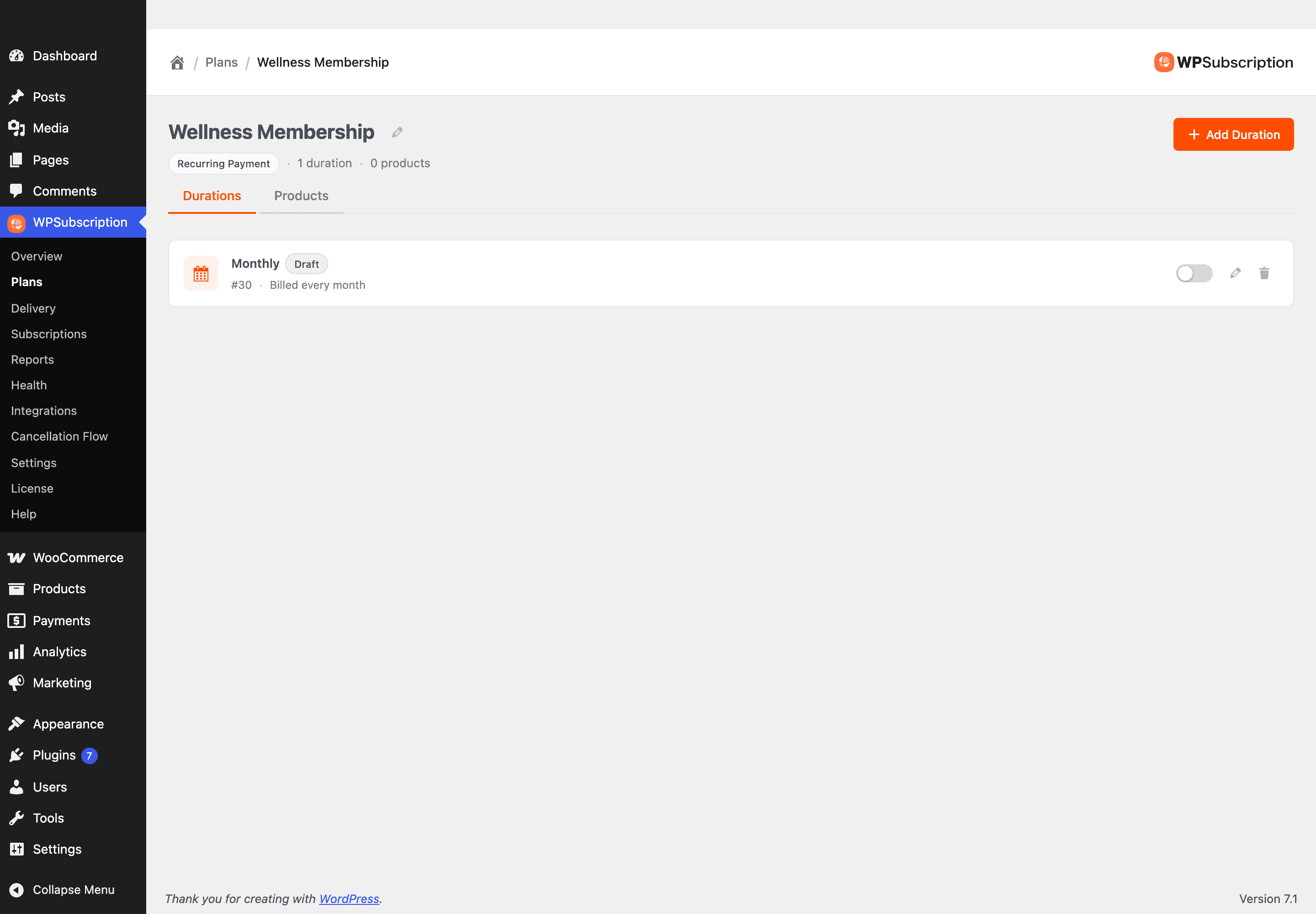 Screenshot of a newly created plan showing one Monthly duration marked Draft with its toggle switched off