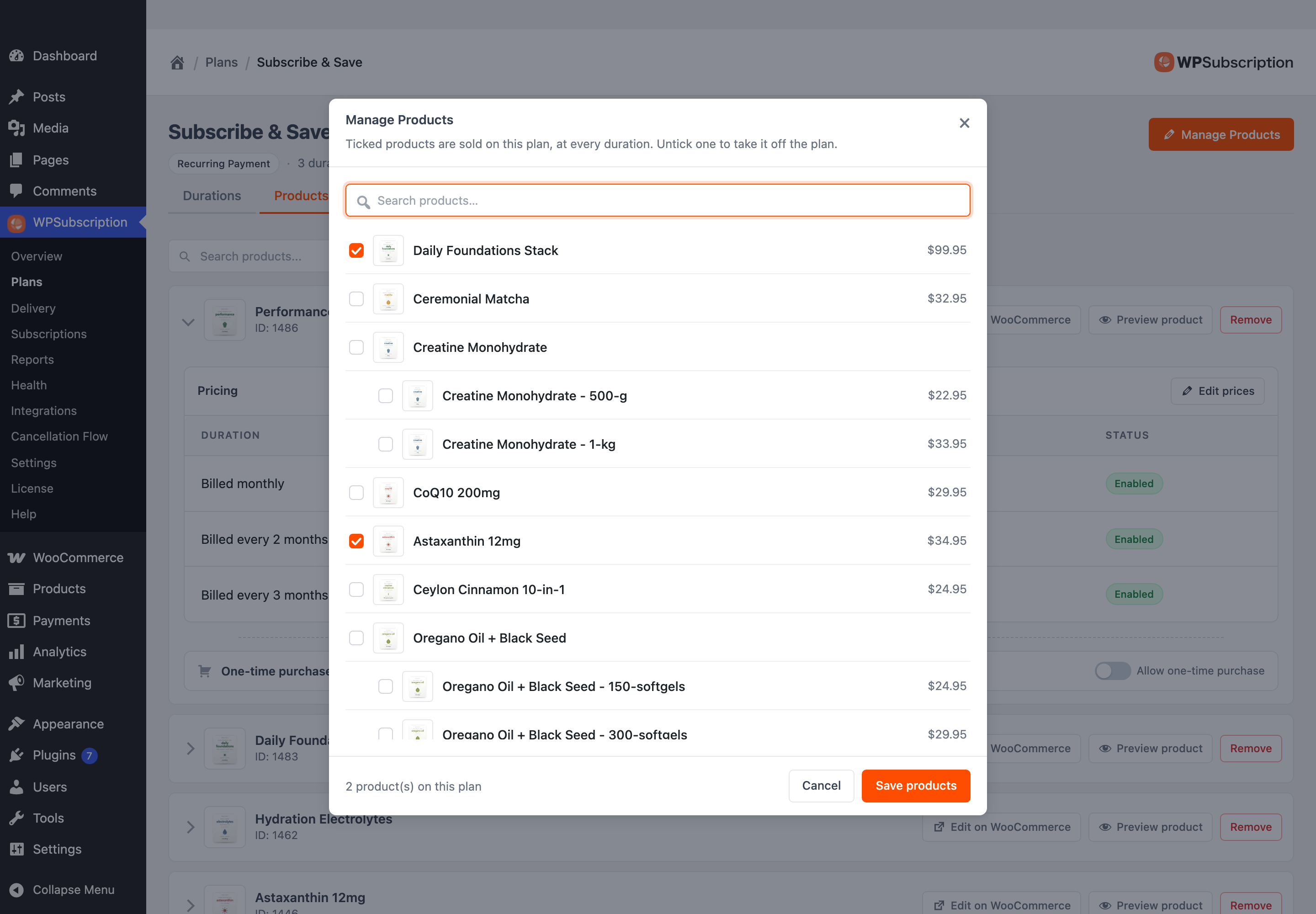 Screenshot of the Manage Products dialog listing products with tick boxes, their prices, and variations indented beneath their parent