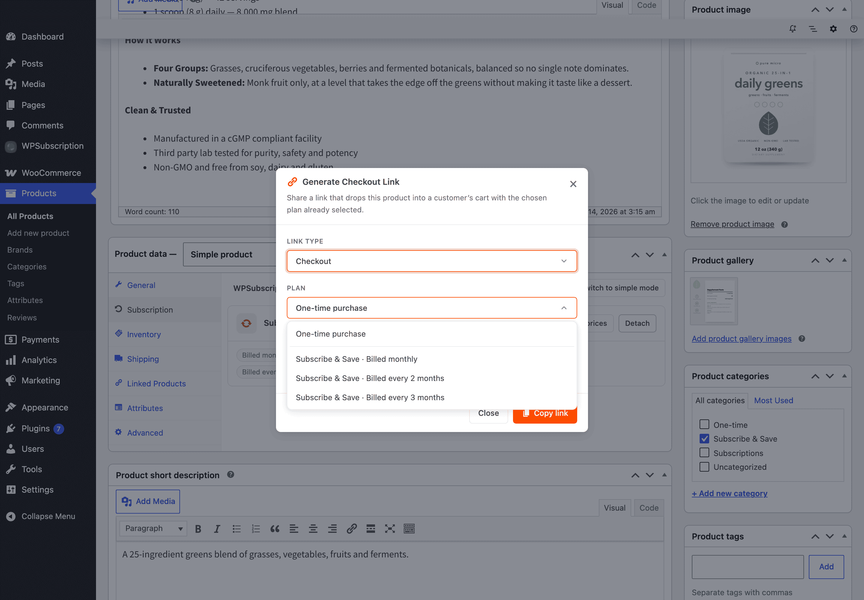 Screenshot of the Plan dropdown open, listing One-time purchase and the plan's three durations