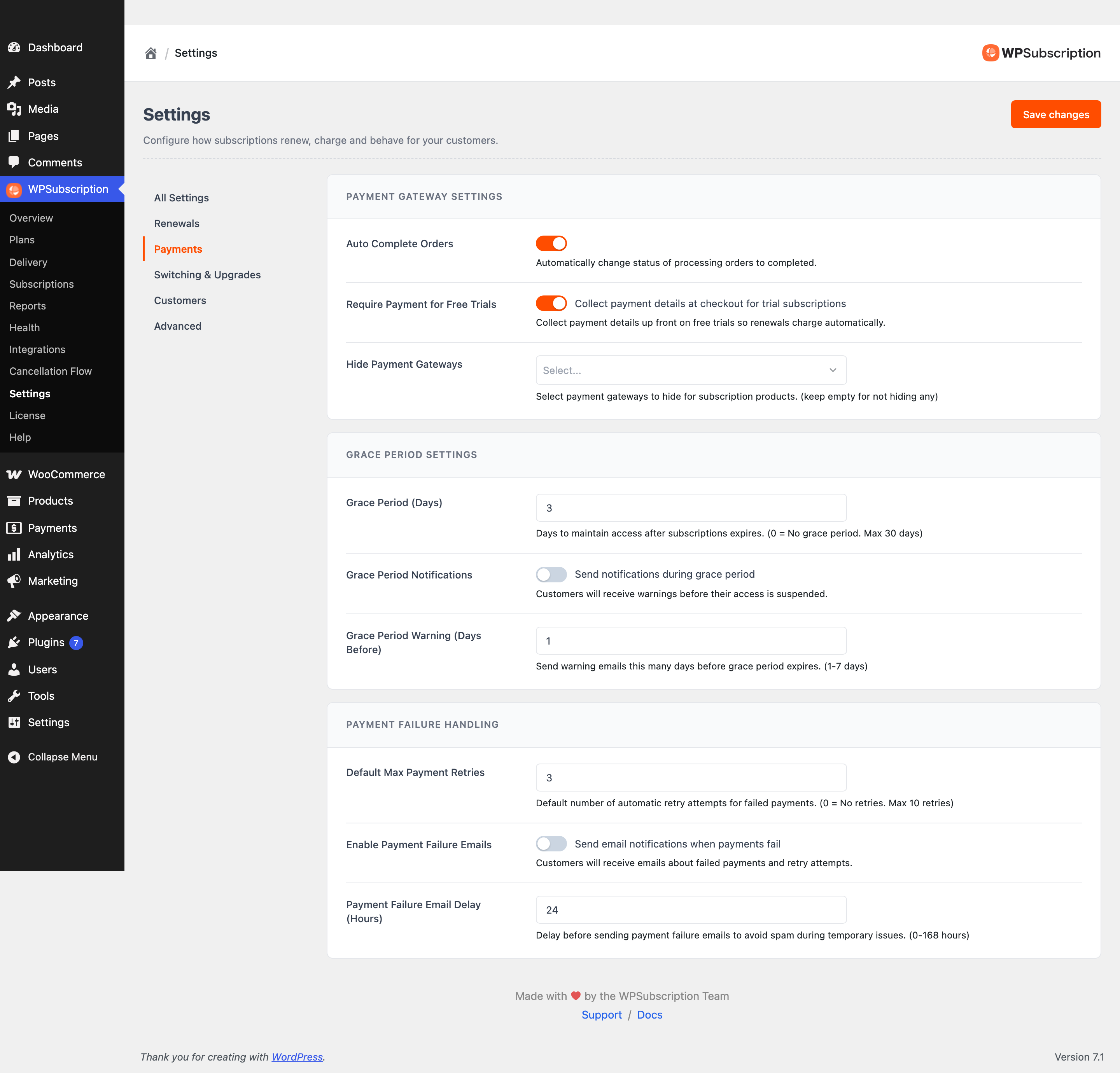 Screenshot of the Payments section of WPSubscription settings