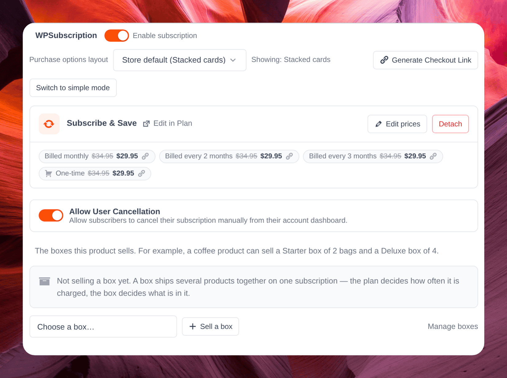 Screenshot of the Subscription tab in the product editor with a Purchase options layout select set to Store default