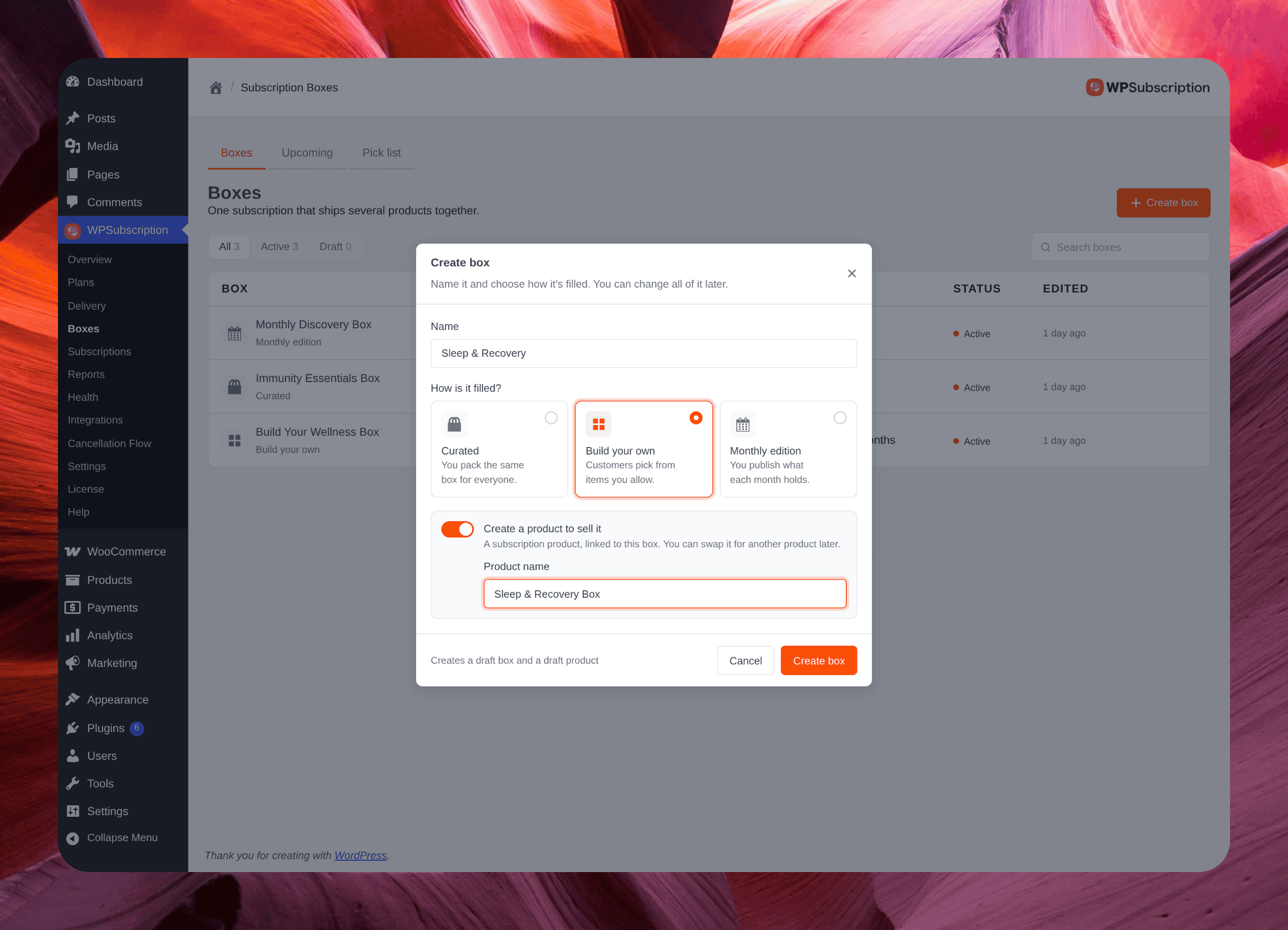 Screenshot of the Create box dialog with a name, three box kinds and a Create a product to sell it switch