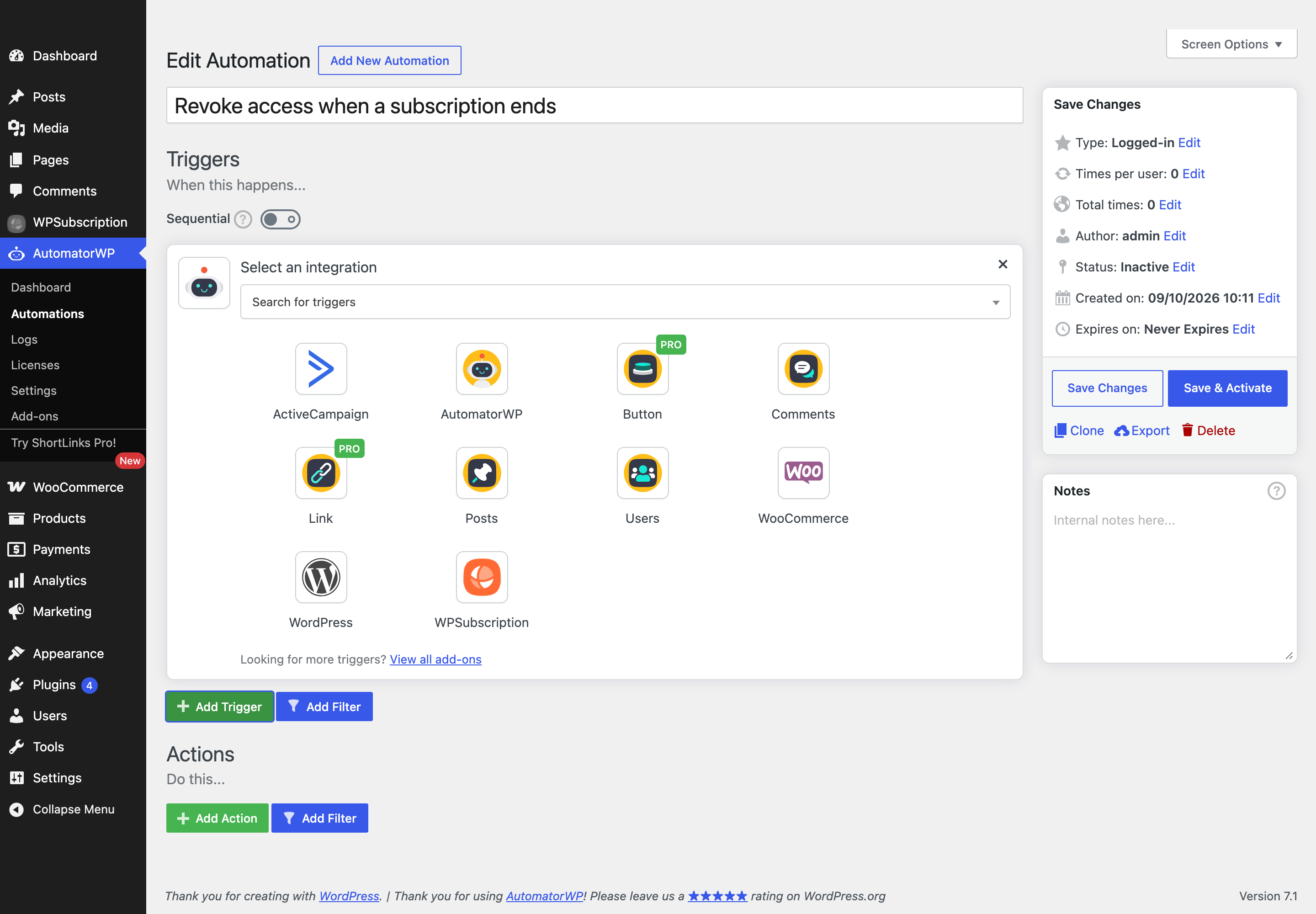 Screenshot of the AutomatorWP Select an integration grid, showing WPSubscription alongside WordPress, WooCommerce, Users and Posts