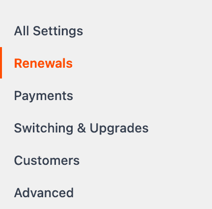 Screenshot of the settings section rail listing All Settings, Renewals, Payments, Switching and Upgrades, Customers and Advanced
