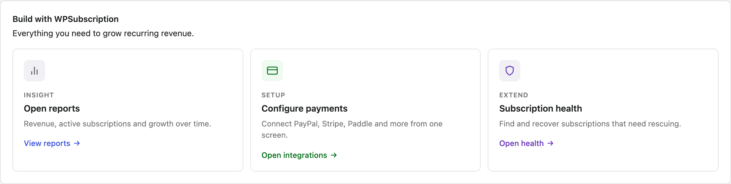 Screenshot of the three Build with WPSubscription cards linking to reports, integrations and subscription health