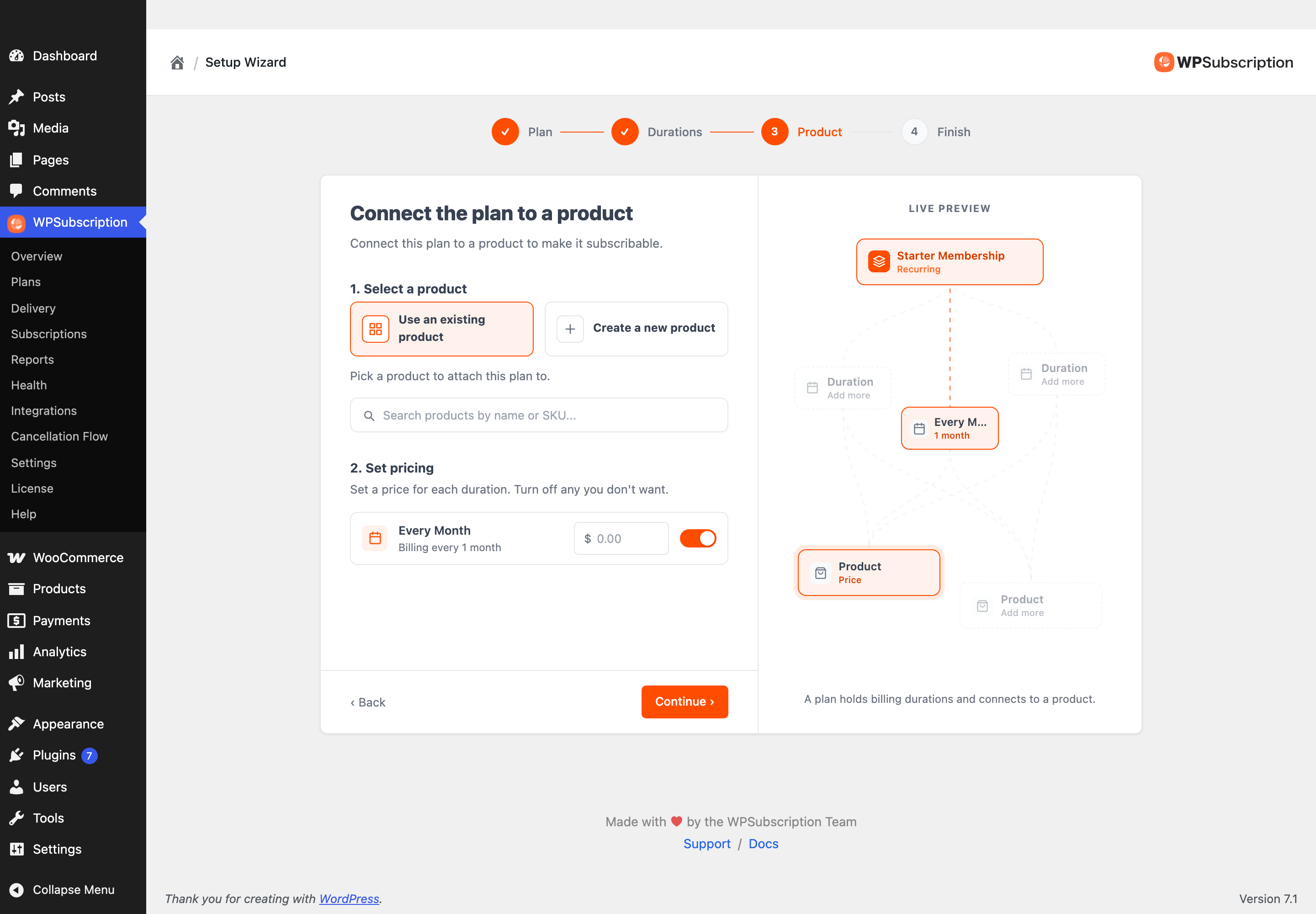 Screenshot of the wizard's product step offering to use an existing product or create a new one, with a price field per duration