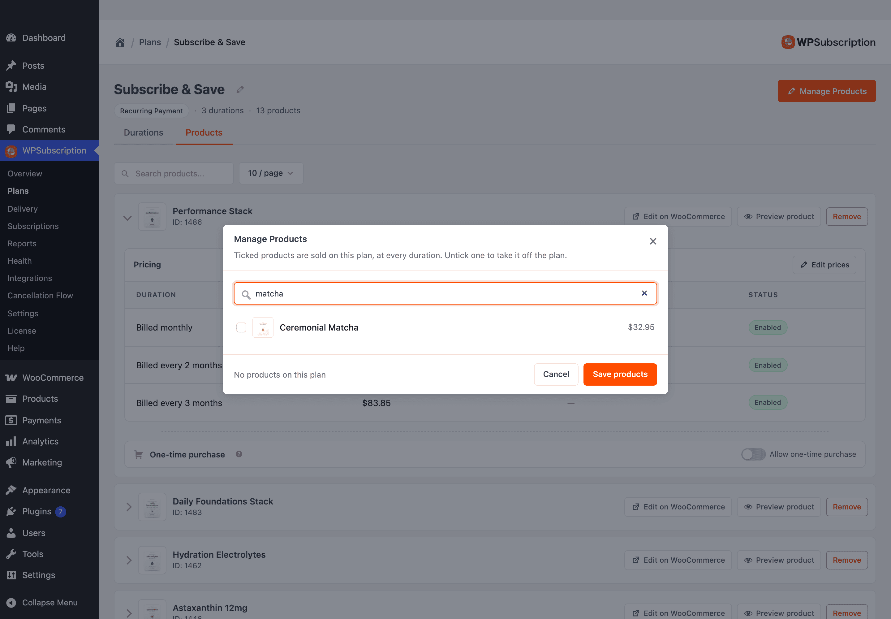 Screenshot of the Manage Products dialog filtered by a search term