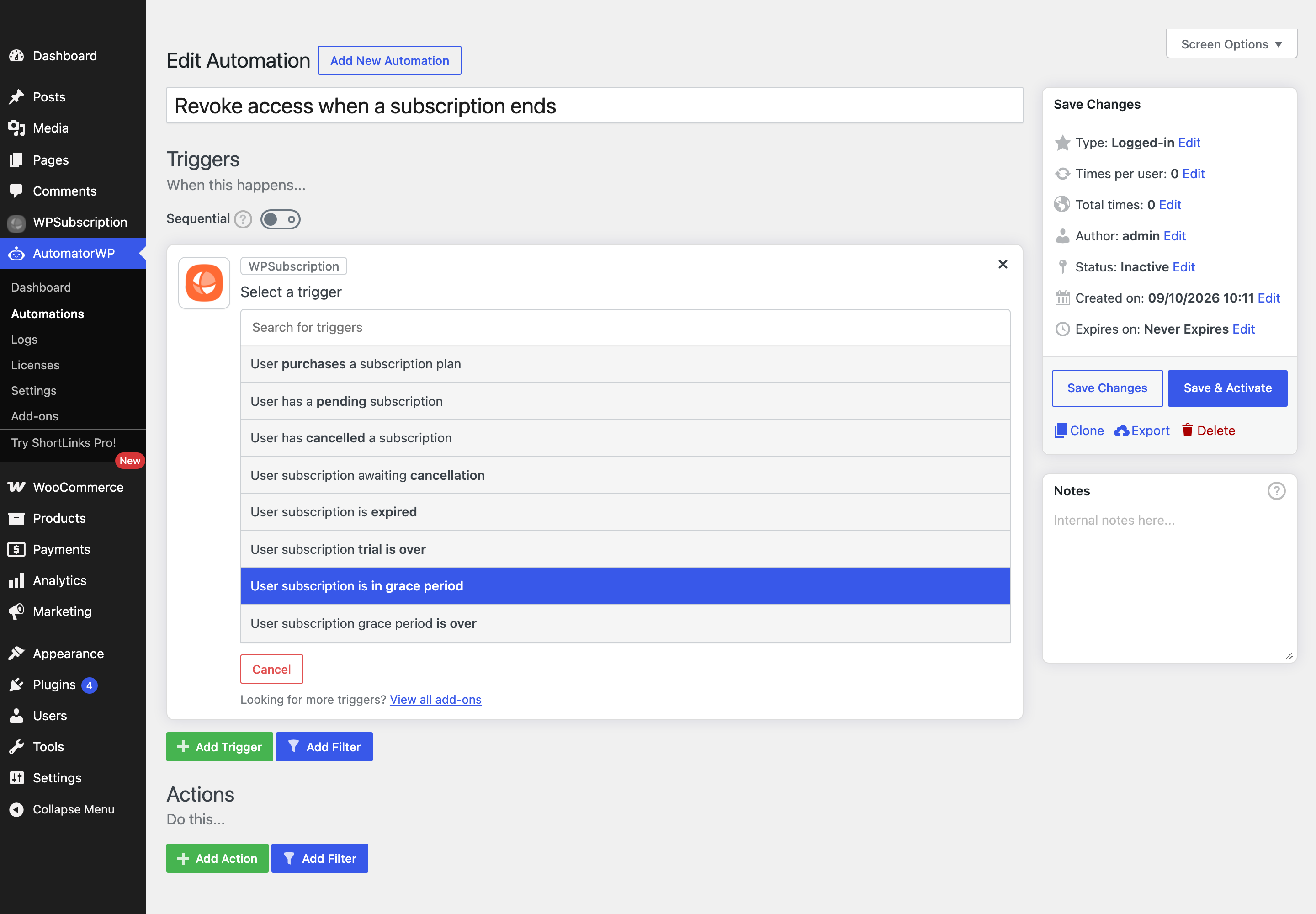Screenshot of the eight WPSubscription triggers listed in AutomatorWP, from User purchases a subscription plan through User subscription grace period is over