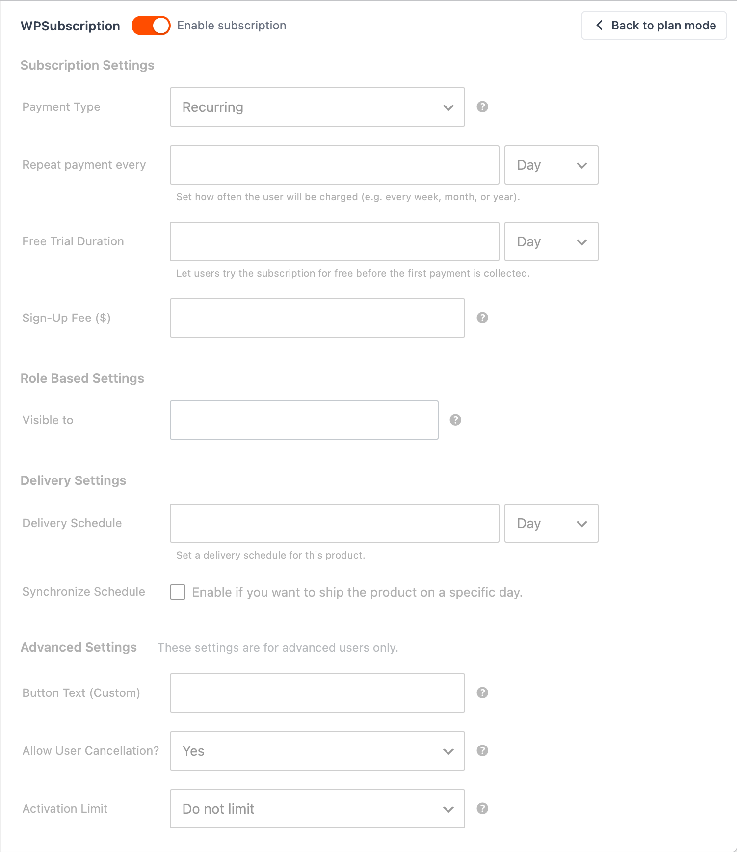 Screenshot of simple mode showing per-product subscription fields including payment type, repeat payment, free trial and signup fee