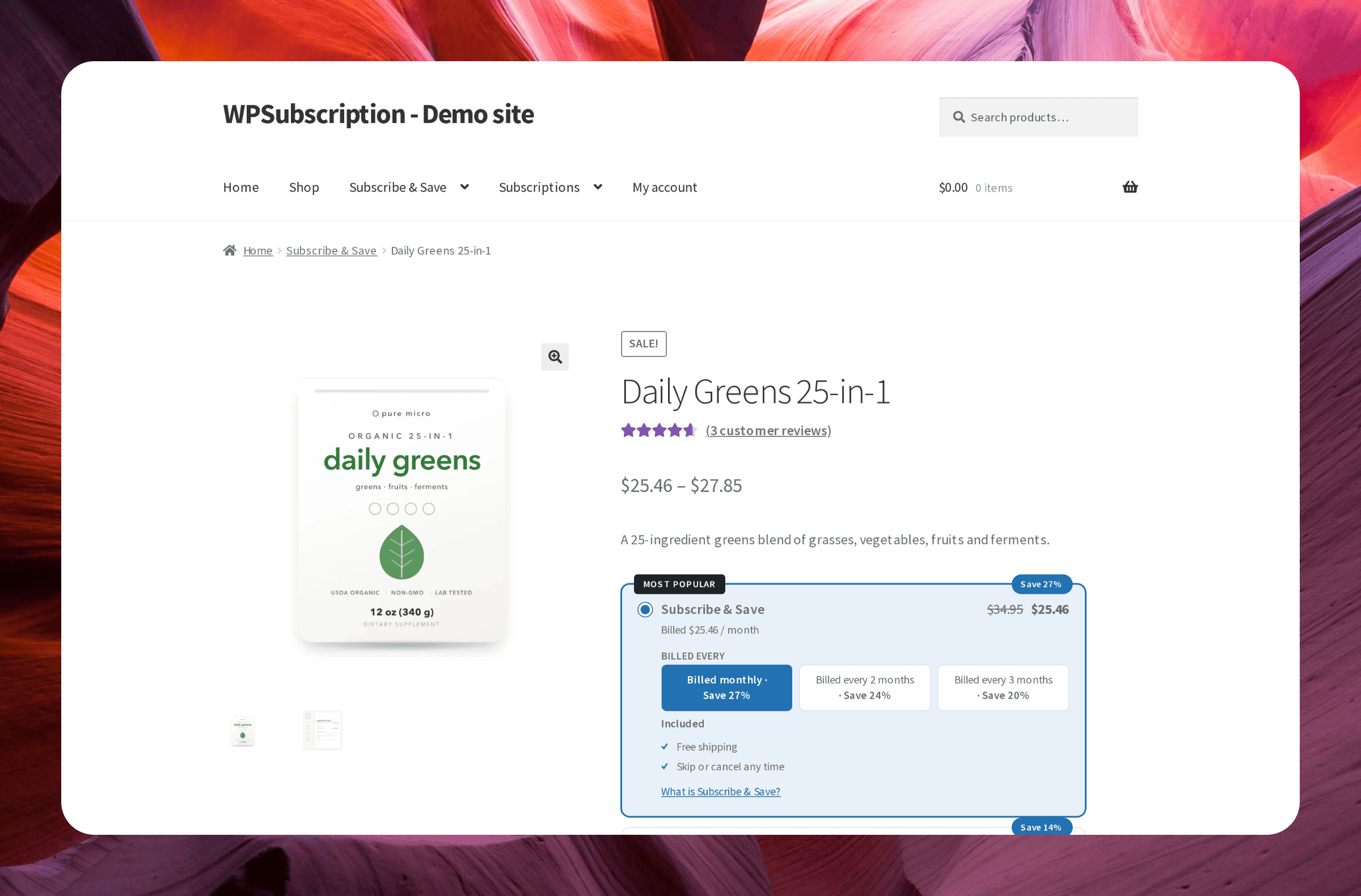Screenshot of a WooCommerce product page with the WPSubscription plan selector above the Add to cart button