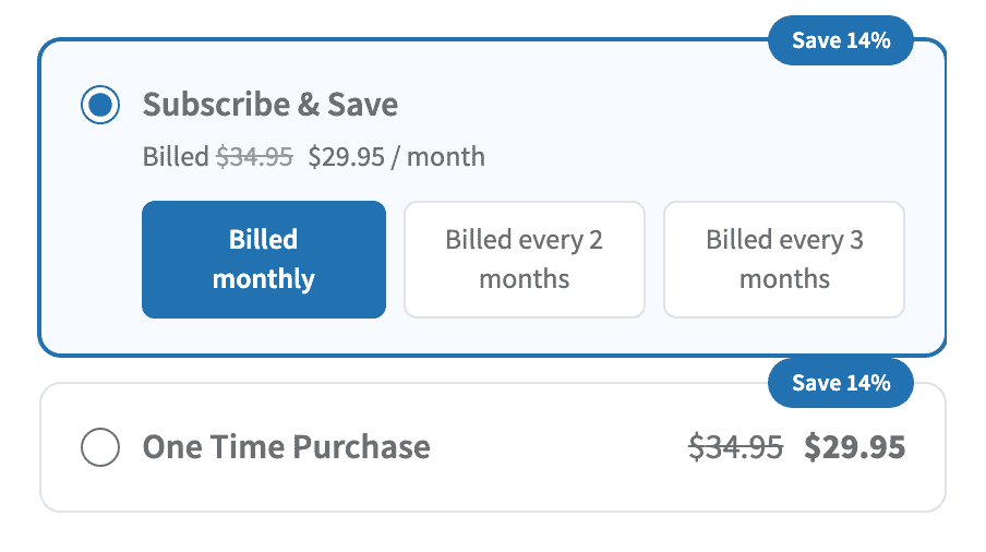 Close-up screenshot of the plan selector showing a Subscribe and Save card with three duration buttons and a One Time Purchase card