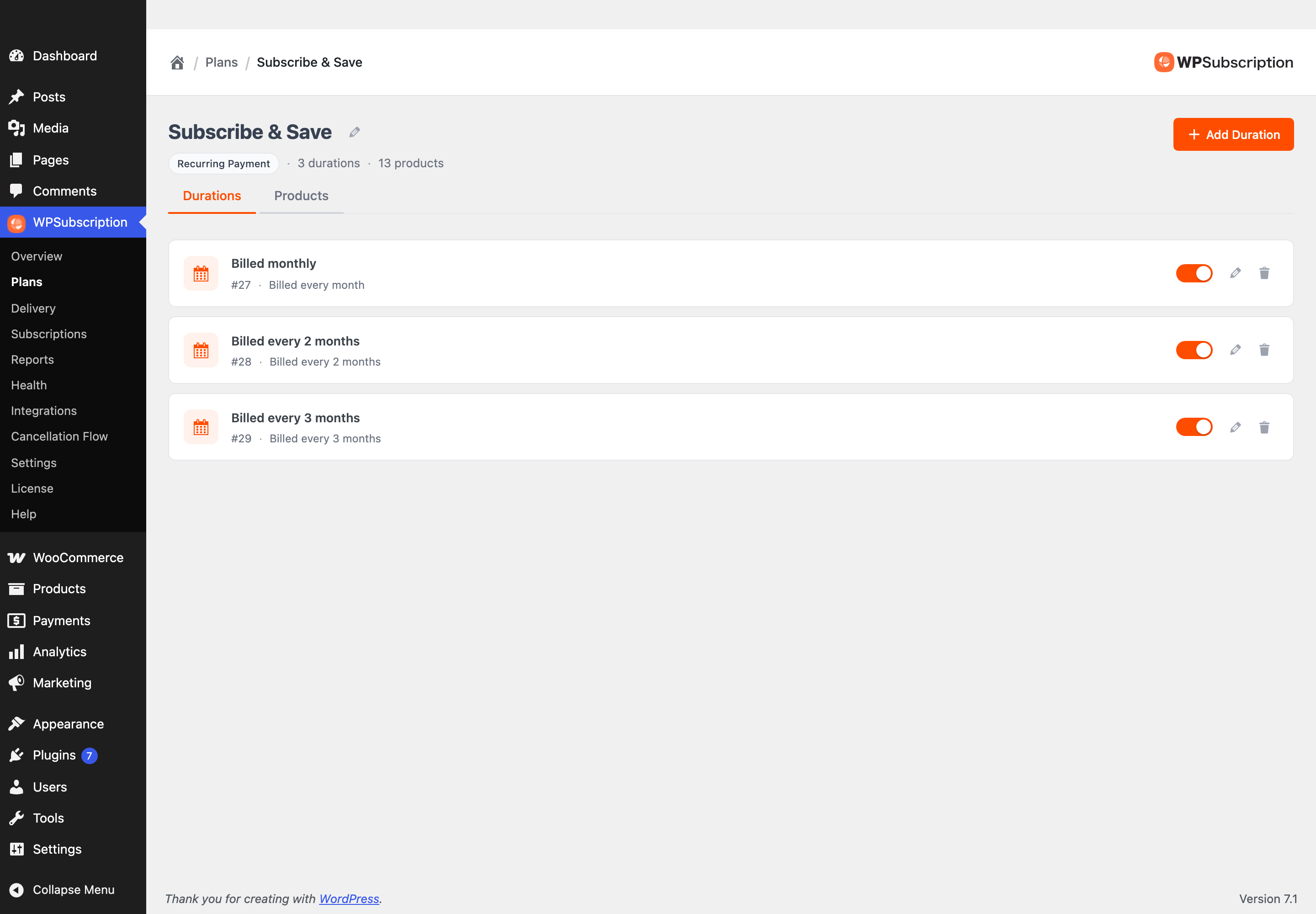 Screenshot of a plan's Durations tab listing three durations: billed monthly, every 2 months and every 3 months