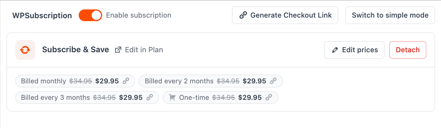 Screenshot of a connected product showing the plan name and a chip per duration with its price and a copy-link icon