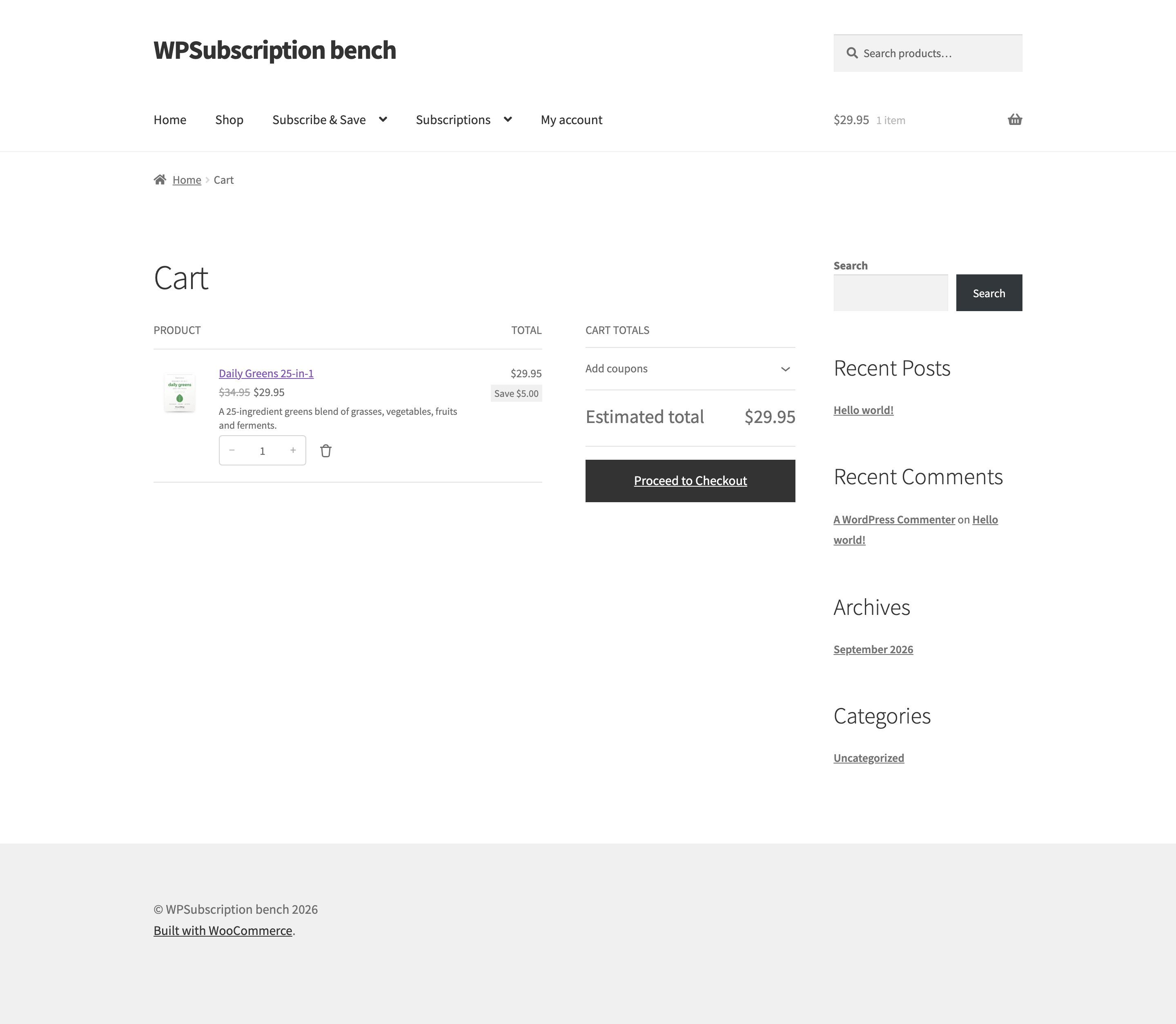 Screenshot of the cart with a one-time purchase line showing a plain total and no recurring totals section