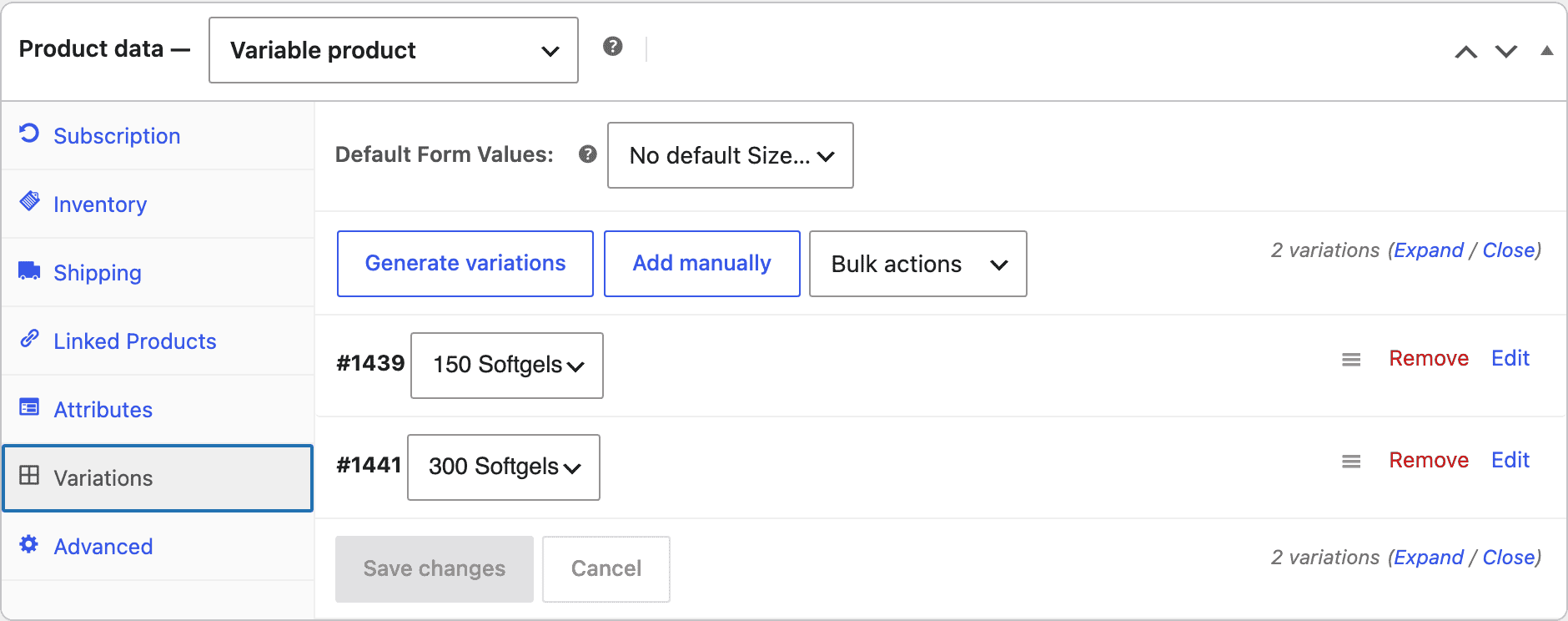 Screenshot of the WooCommerce Variations tab listing the product's variations