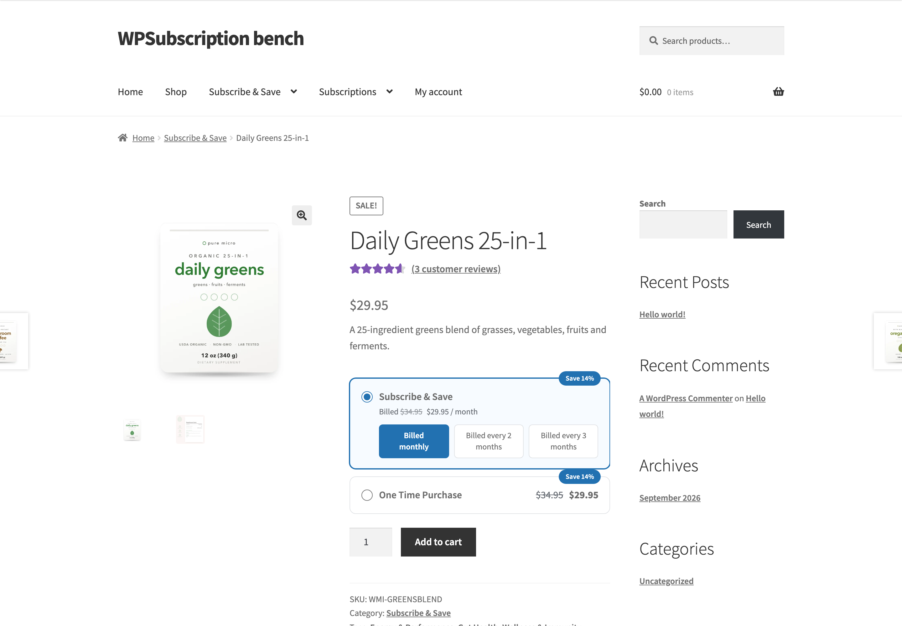 Screenshot of the product page showing the plan selector above the Add to cart button