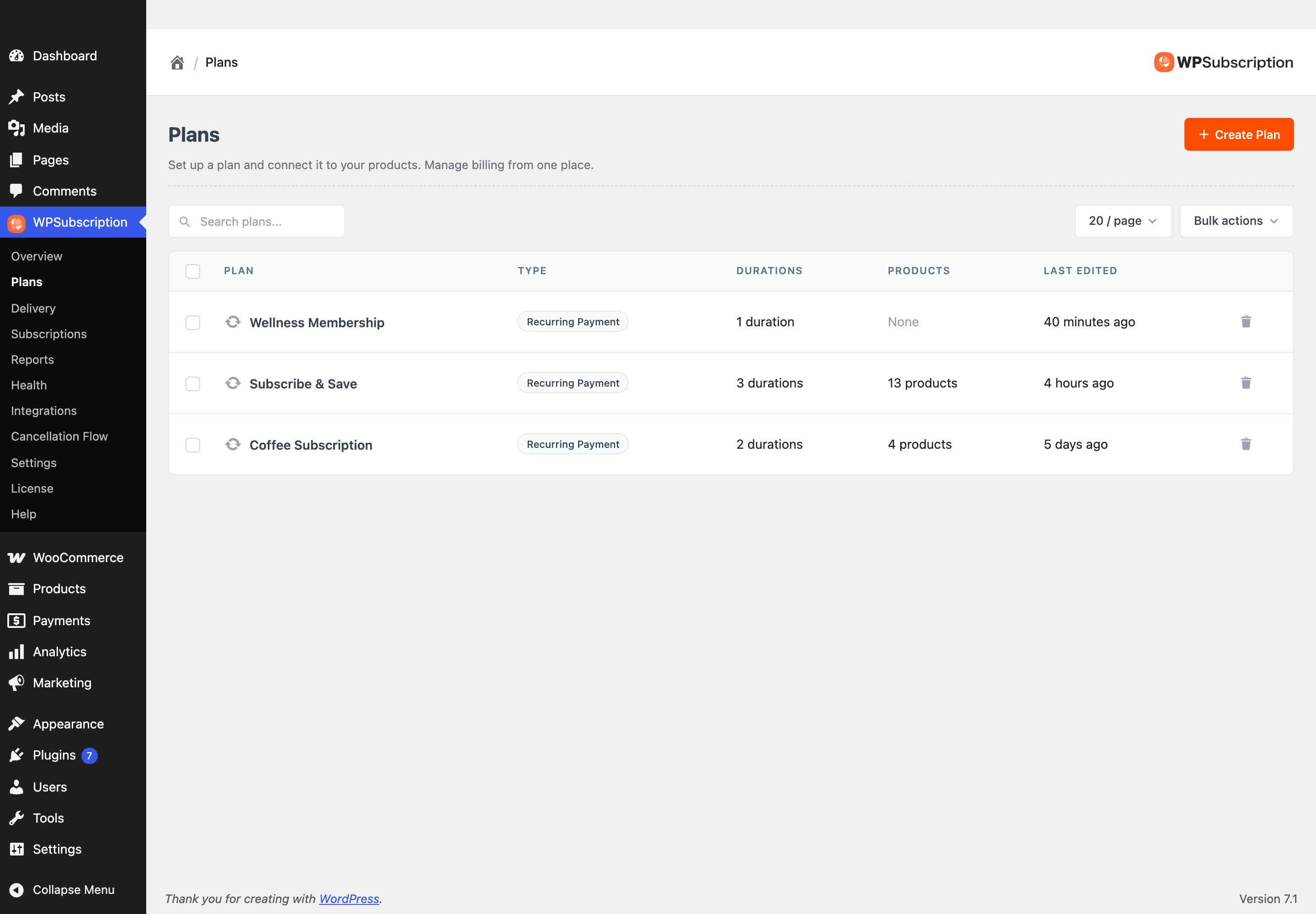 Screenshot of the WPSubscription Plans screen listing three plans with their type, duration count and product count