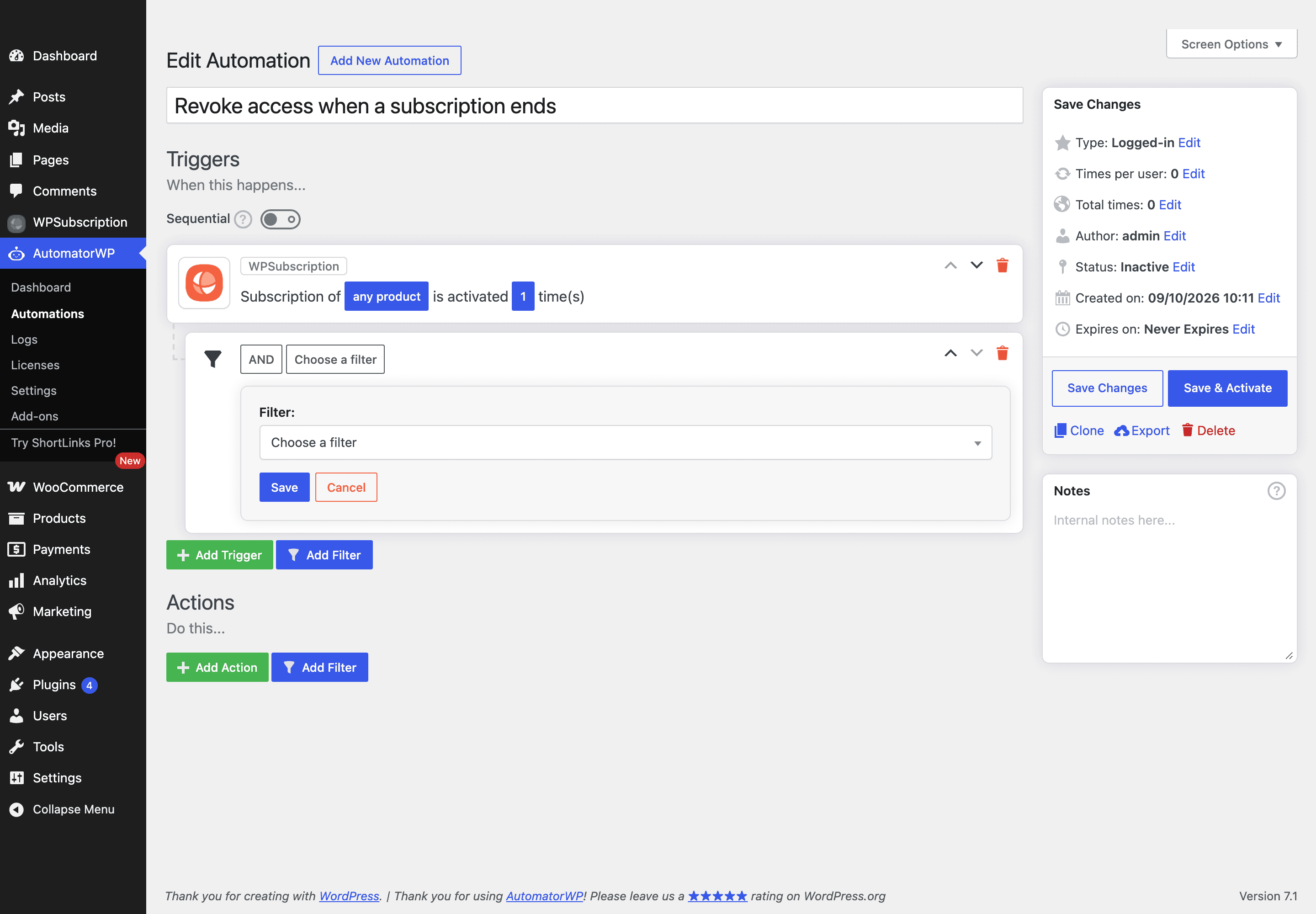 Screenshot of a filter row added beneath a WPSubscription trigger, showing the AND condition and a Choose a filter control