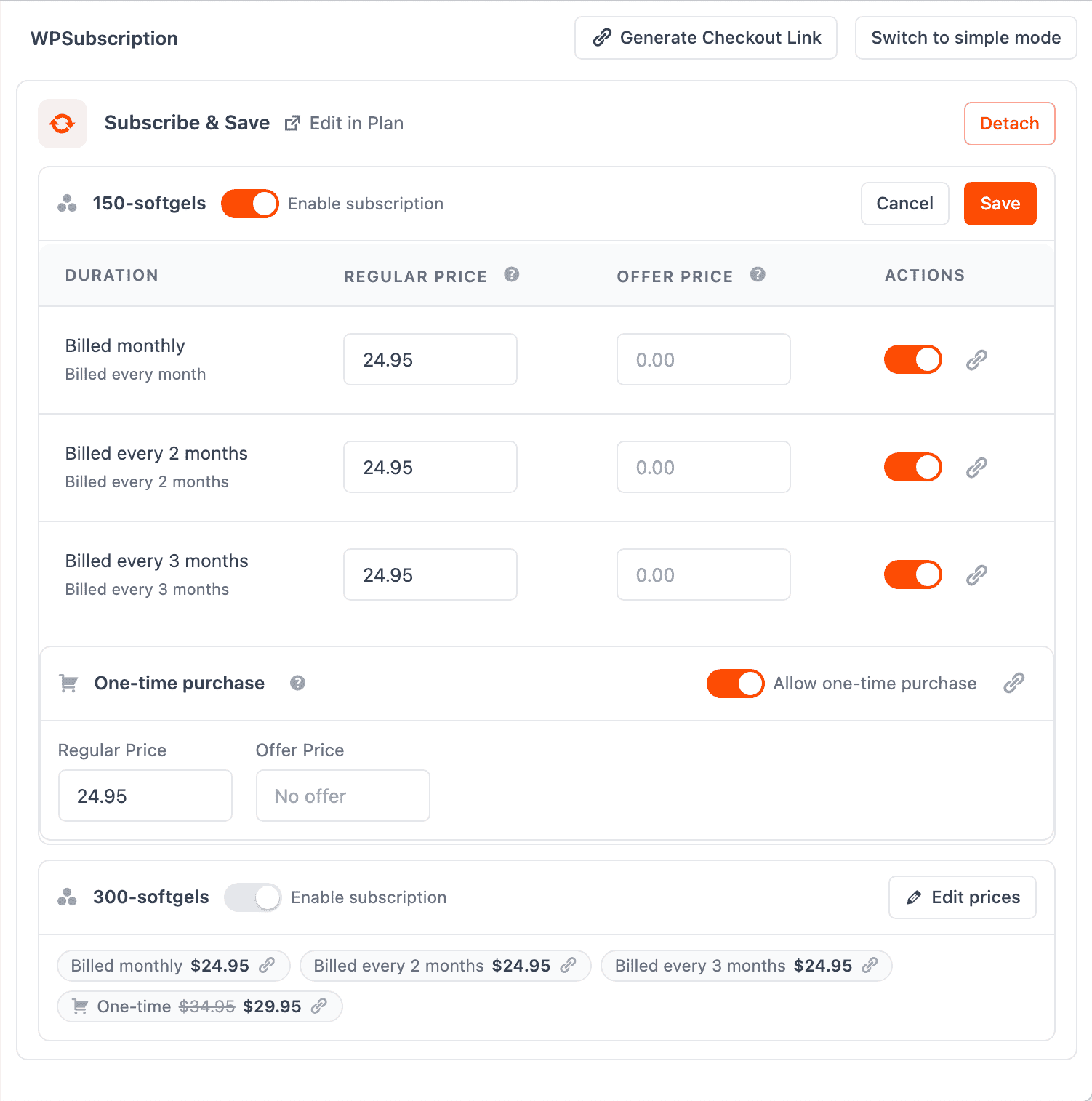 Screenshot of a variation's price table in edit mode with a regular and offer price for each duration